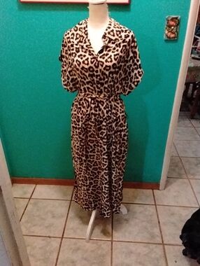 Leopard Print Maxi Shirt Dress - Beige and Brown